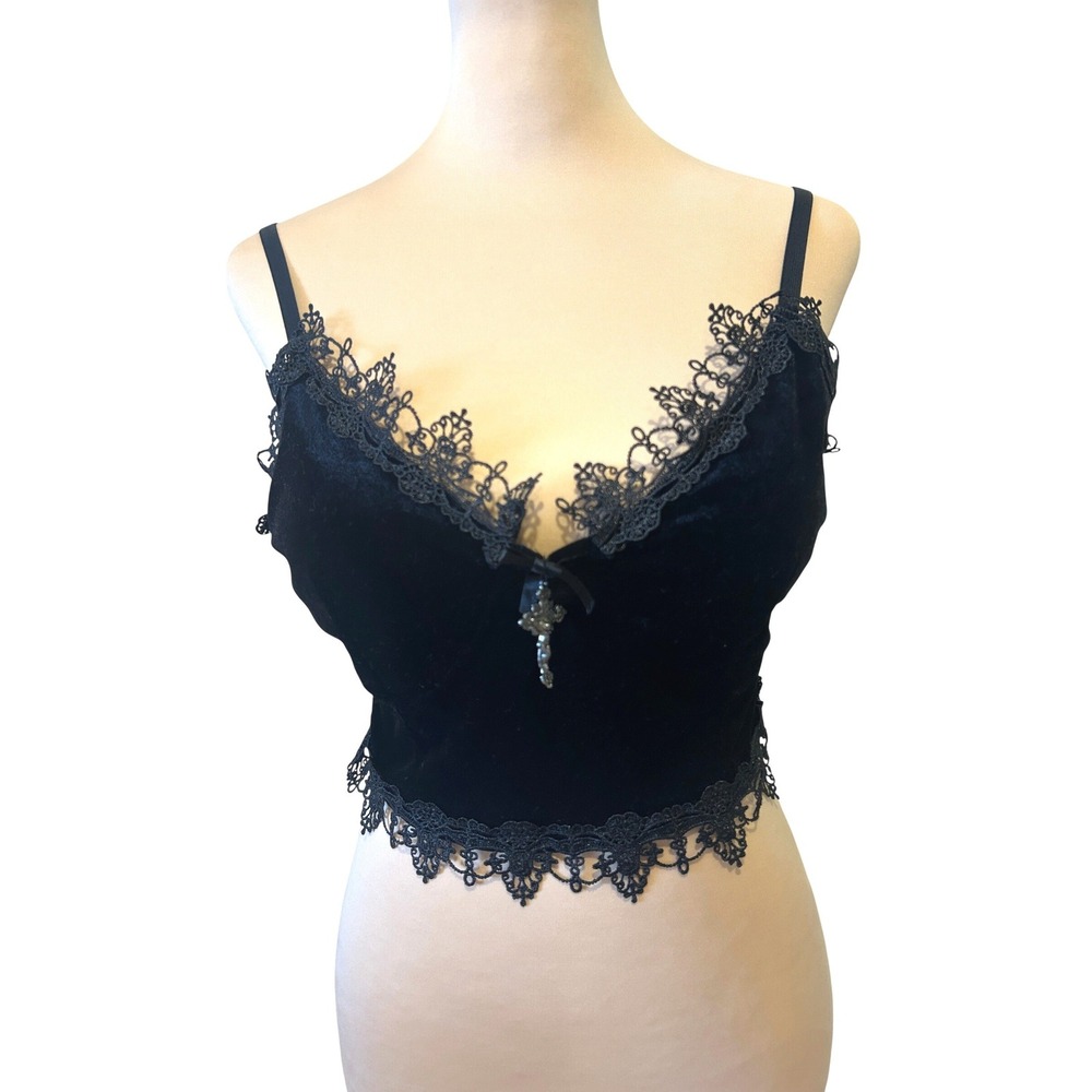Unbranded Velvet Babydoll Crop Top L Black Lace Trim Metal Crucifix Goth Witchy